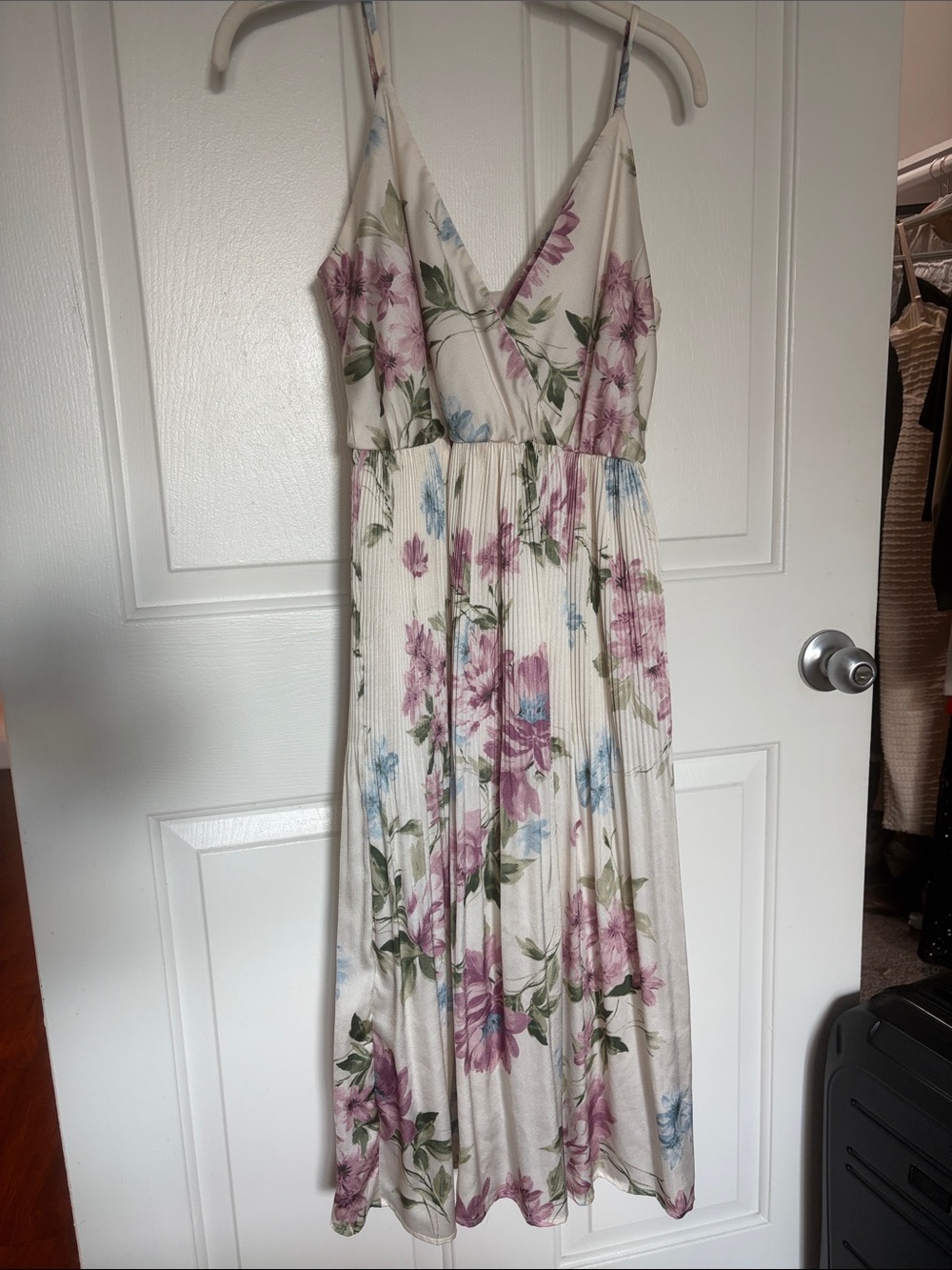 Cream Floral Maxi Dress with Pink & Blue Blooms